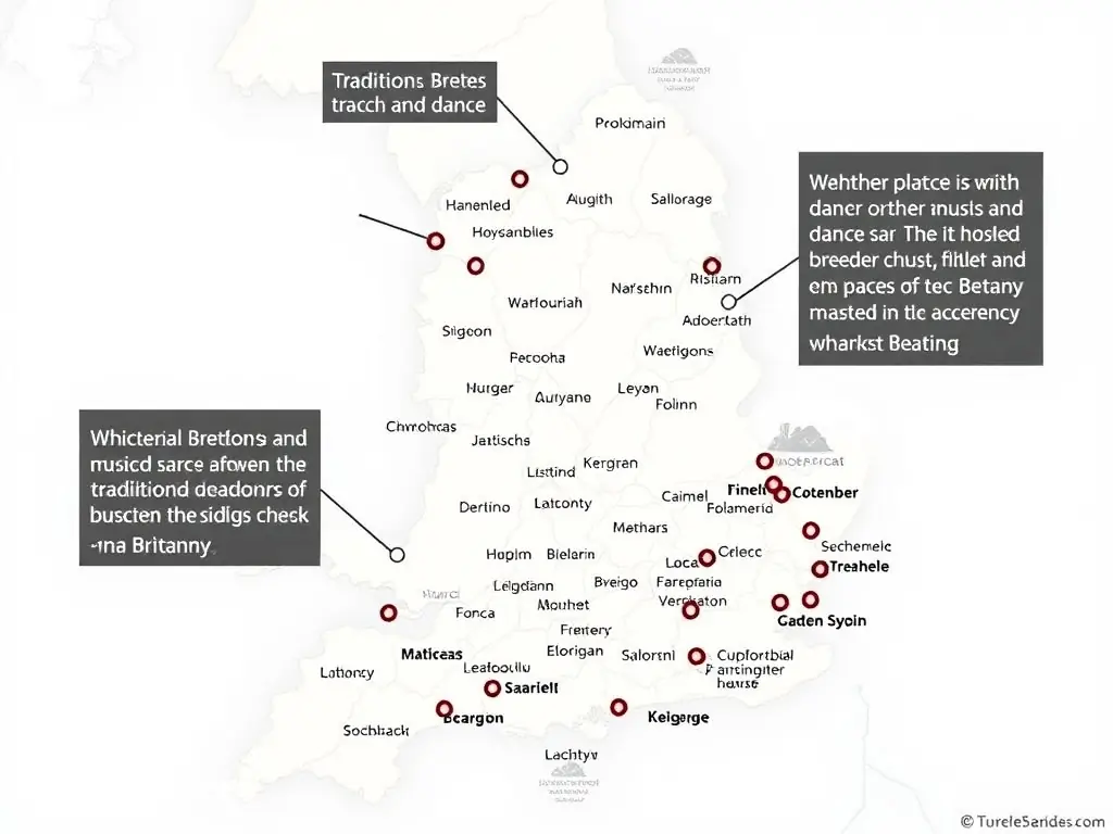 A photograph of a map highlighting various venues and teaching spaces across Brittany where traditional Breton music and dance are practiced and taught.