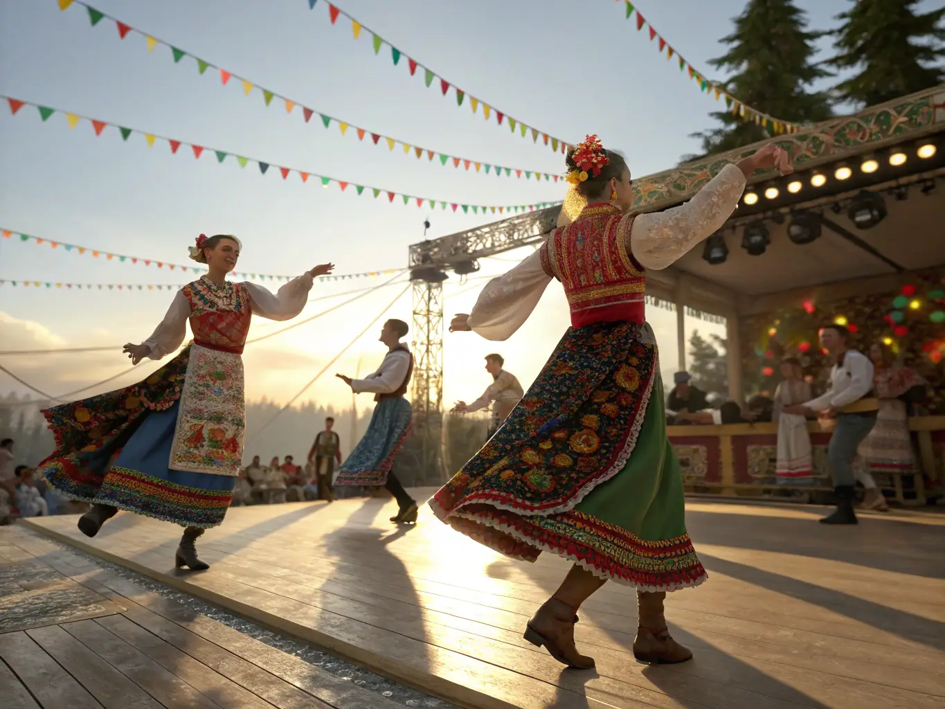 A detailed digital illustration showcasing a traditional Breton dance performance, with musicians playing traditional instruments in the background. The scene is vibrant and captures the energy of Breton culture.