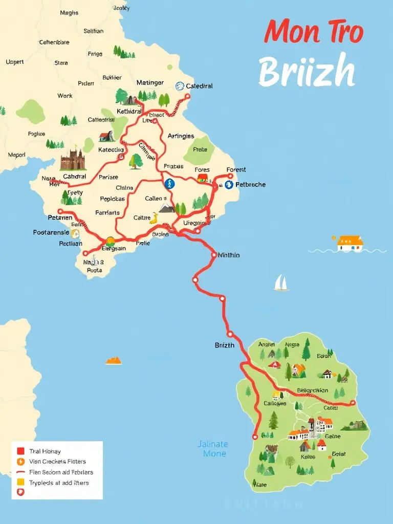 A digital interface displaying a map of Brittany, highlighting various locations of traditional music venues and performer residences.