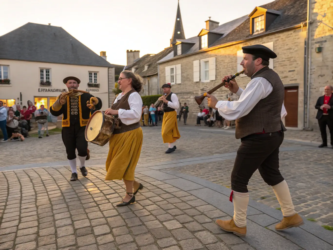 An image of a community gathering in Brittany, with people of all ages participating in traditional music and dance activities, symbolizing community engagement and cultural transmission.